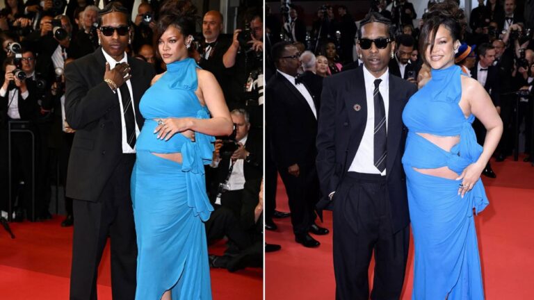 Rihanna Stunned in a Turquoise Alaia Cut out Gown with Beau AAP Rocky in a Black YSL Suit at the Hiighest 2 Lowest Premiere in Cannes feat image